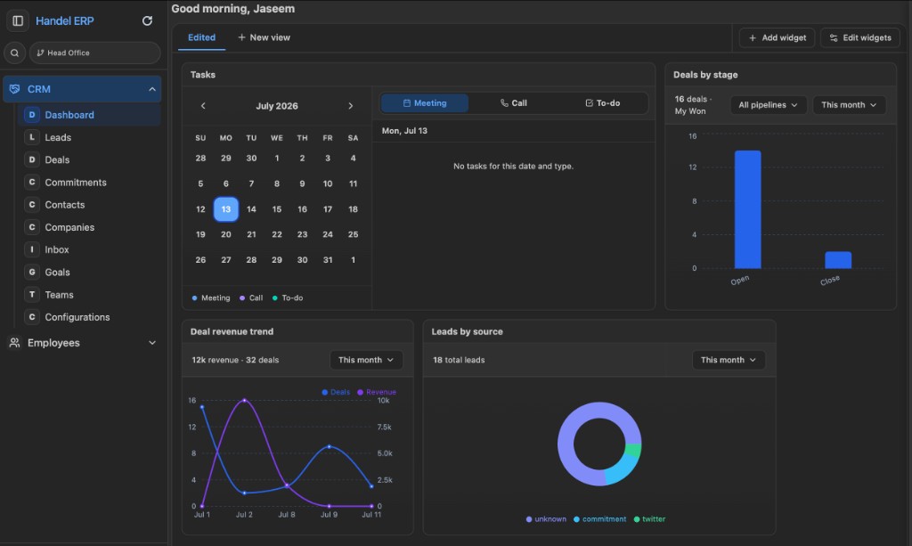 Handel ERP CRM dashboard showing deals, tasks, revenue trends, and leads
